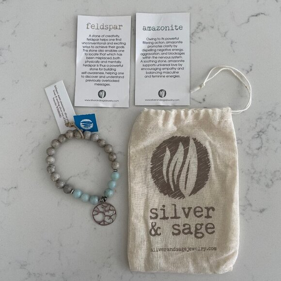 Silver & Sage Feldspar Matte Amazonite Sil Plated Brass SS Tree of Life Bracelet - Picture 1 of 9